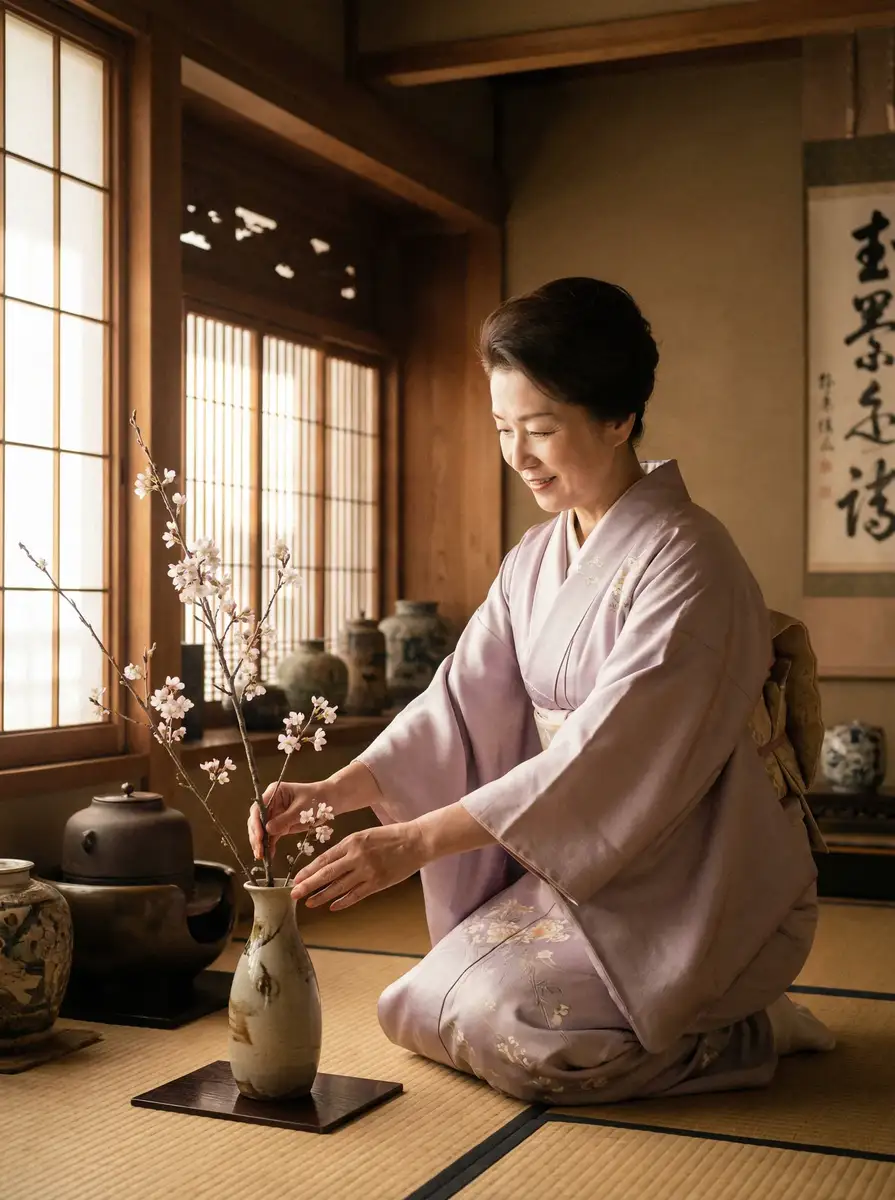 一位优雅的 张婉莹 在和室中插花